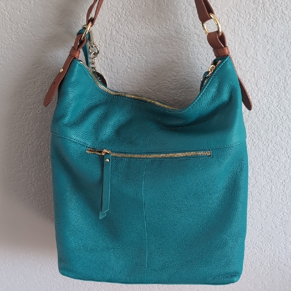 Isaac Mizrahi Turquoise and Tan Shoulder Bag - Picture 4 of 11